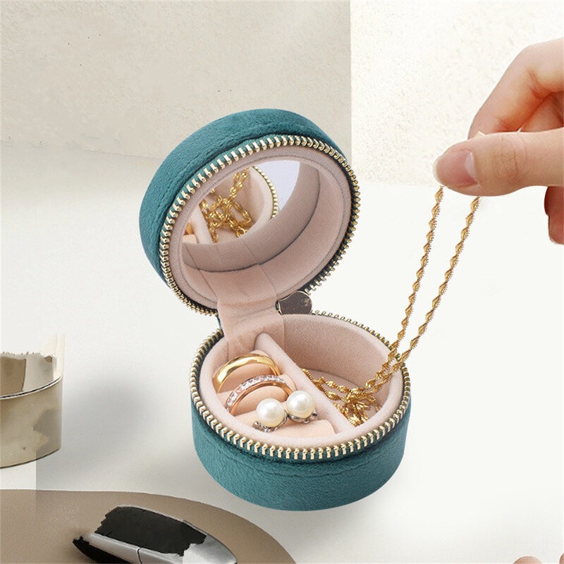 Joyero de terciopelo con cremallera redonda, Mini caja de almacenamiento de joyas, organizador de pendientes, collar, anillo, contenedor con espejo
