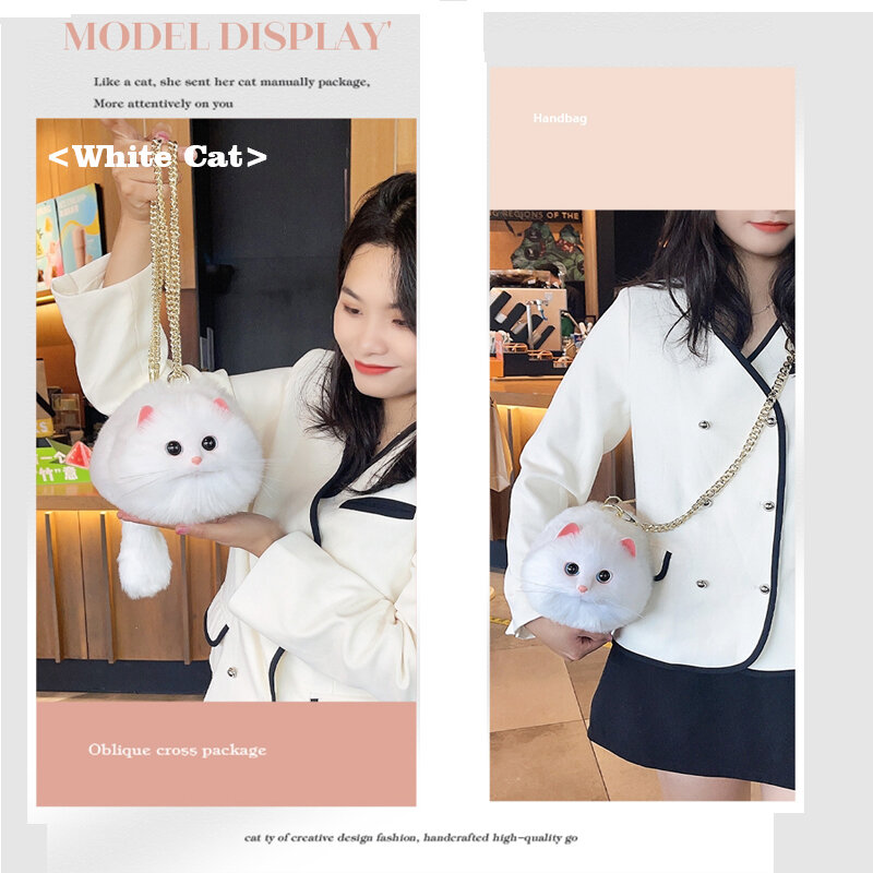 Fashion tas tangan wanita, berbentuk kucing putih tas selempang bulu palsu lucu dompet tas bahu rantai mewah tas tangan wanita