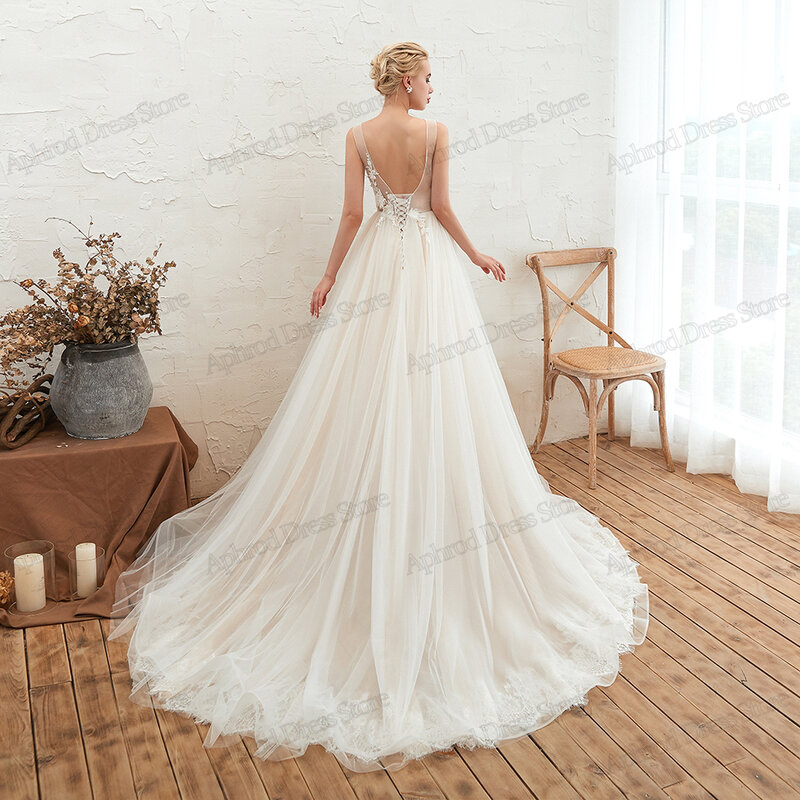 Gaun pernikahan anggun gaun pengantin berjenjang Tulle gaun pengantin A-Line jubah V-Neck untuk pesta Formal cantik Vestidos De Novia 2024