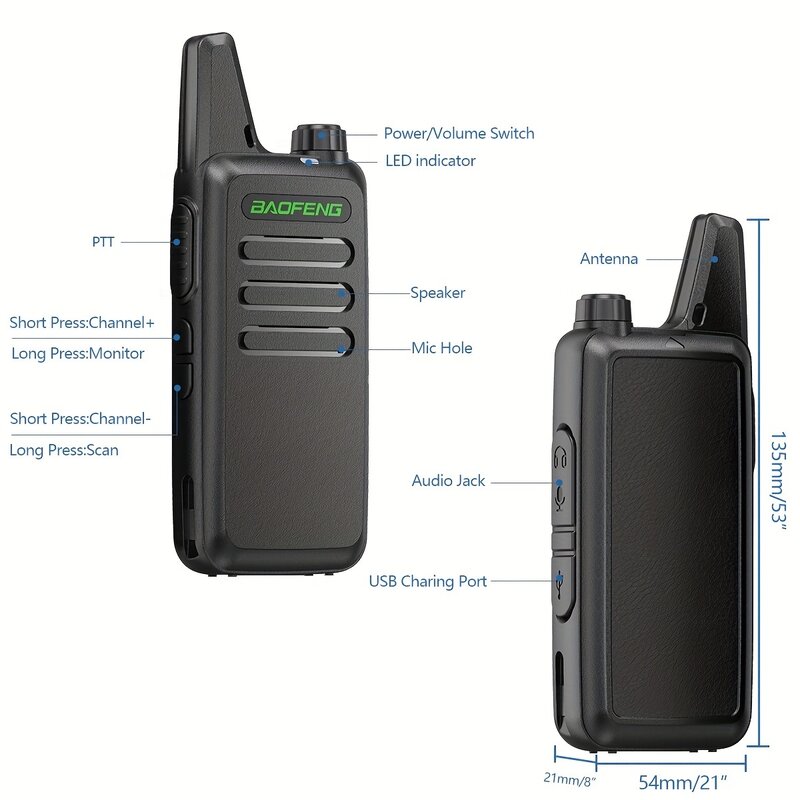 Baofeng-Mini Walkie Talkie portátil, rádio bidirecional, Ht, PTT, rádio para exterior, montanhismo, camping, 2 pcs