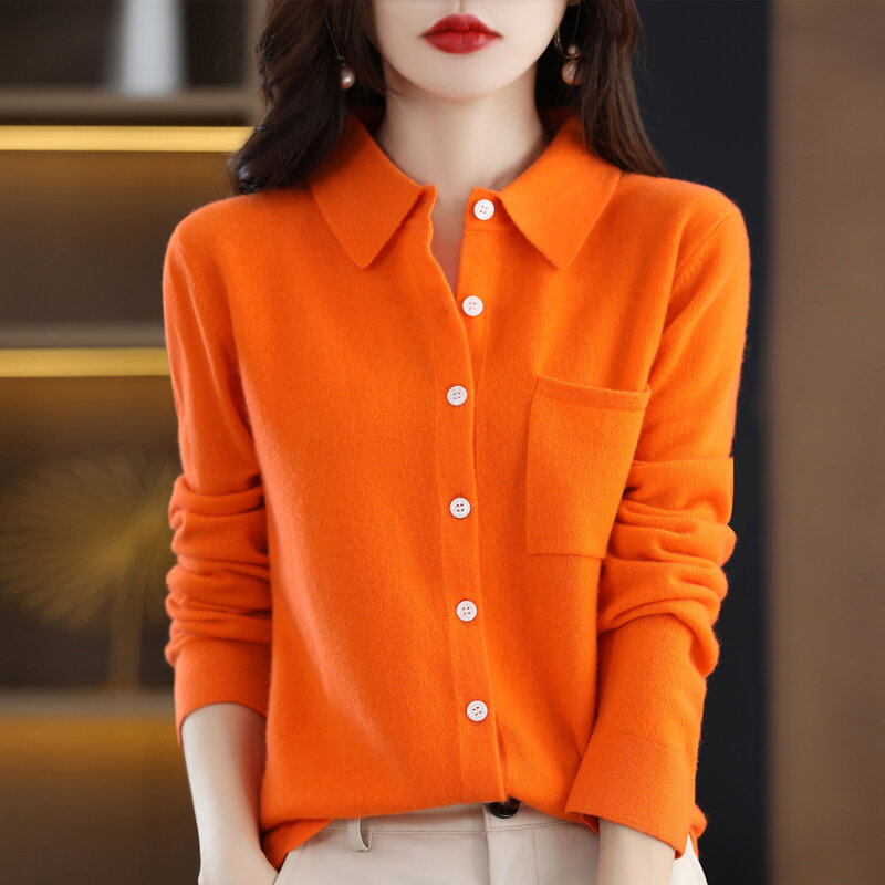 Women's Sweater Cardigan Temperament Pure Wool Shirt New Polo Collar Coat Solid Color With Pocket Knitted Bottoming To Keep Warm