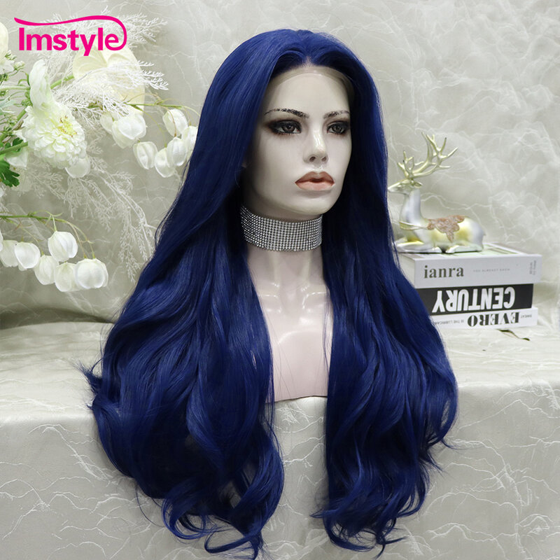Imstyle-peluca azul sintética con malla frontal para mujer, cabellera larga ondulada de encaje Natural, sin pegamento, resistente al calor, Cosplay