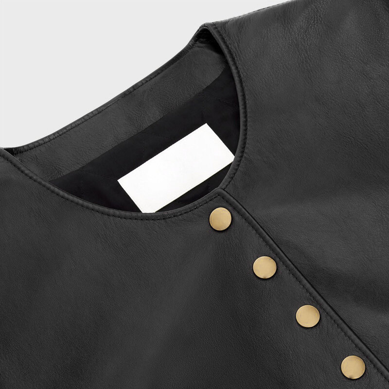 Jaket kulit asli untuk wanita, jaket kulit domba lapisan atas pendek longgar siluet dada mode musim semi