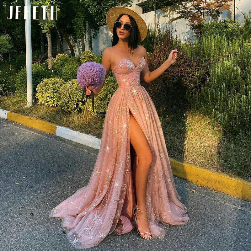 JEHETH Glitter Pink Prom Dresses 2023 Strapless Sleeveless High Split Prom Dresses Woman Party Night Floor Length Robe de soiree