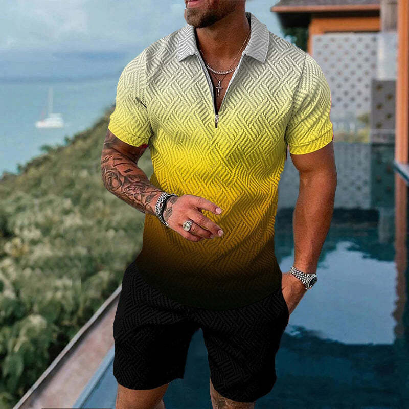 Einfarbig Gradienten Druck Männer der Sweatsuit Set Sommer Casual Zipper Polo-Shirt Und Shorts 2 stücke Sets Trend Mann pullover Kleidung