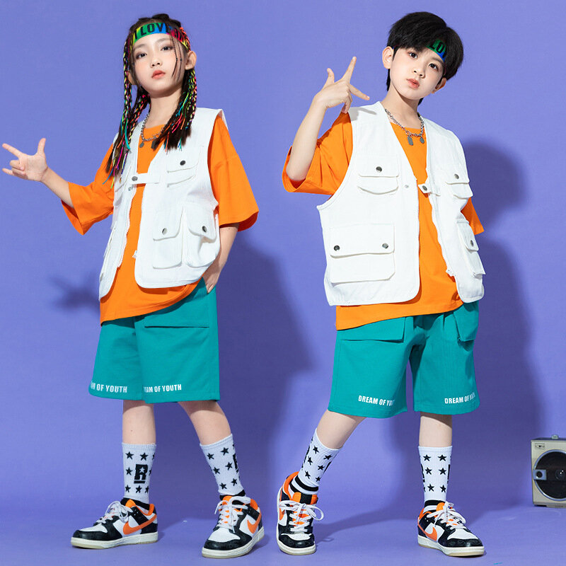 Boys Girls Hip-hop Student Fashion Vest Child  Drum Performance Clothing Jazz Performance Set Girl 12 Years Trendy Clothing