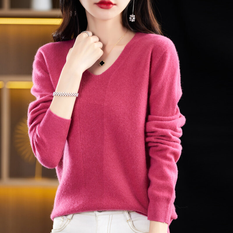 Женский пуловер, весенне-осенний шерстяной свитер, повседневный однотонный вязаный женский топ, свободная Базовая Блузка с V-образным вырезом