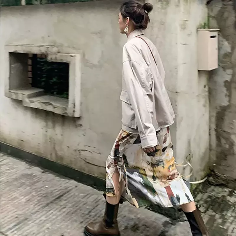 Faldas de pintura al óleo Tie Dye para mujer, faldas Midi con abertura recta Harajuku, ropa de calle Retro Y2K, falda de diseño de vendaje de cintura alta