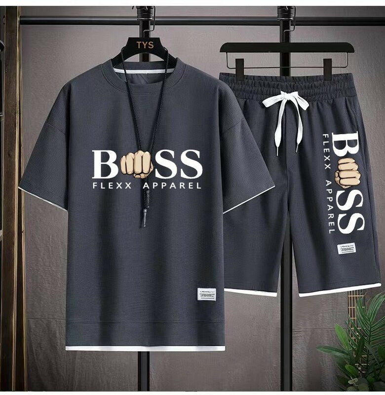 BSS FLEXX odzież męska dwuczęściowy zestaw tkanina lniana luźna koszulka i zestaw szortów męski strój sportowy dres z krótkim rękawem