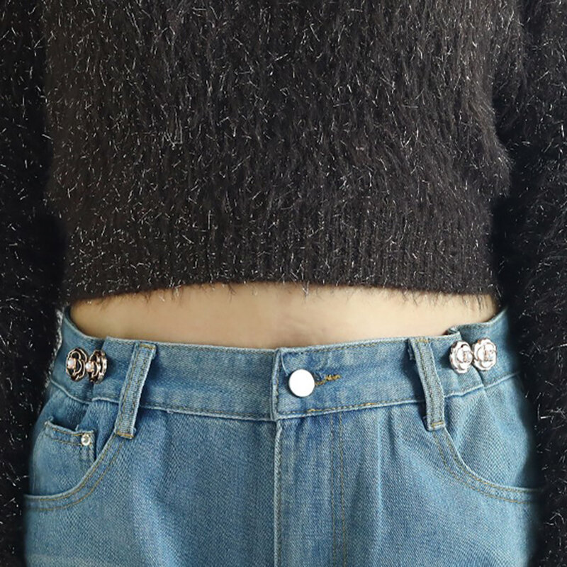 Épingle de bouton de serrage de taille de camélia perlé pour des femmes, jeans, poignées de mode, détachable, jupe, pantalon, 1pc