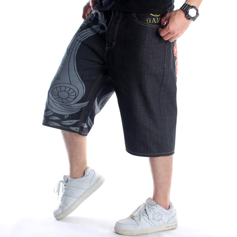 Graffiti bordado padrão design denim shorts verão tendência solta calças tamanhos grandes hip hop rua esportes skate calças