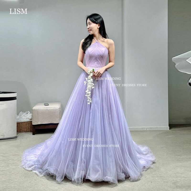Lism-妖精の明るいチュールのイブニングドレス,台形のプロム,地面の長さ,カスタム,韓国の写真撮影ホルターネック,フォーマルなパーティードレス