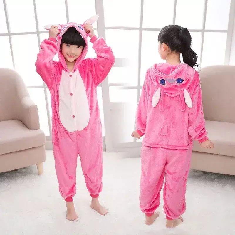Pijamas Disney Stitch, pijamas infantis de uma peça, pijamas quentes para meninos e meninas, roupas Kigurumi de pelúcia de desenho animado, presentes de aniversário infantis