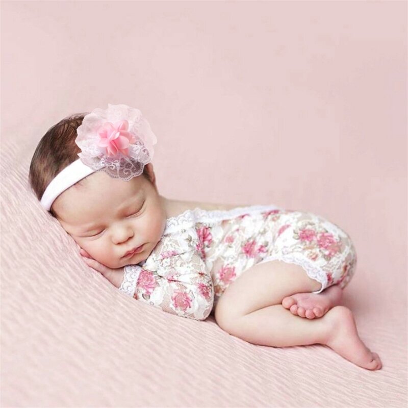 Pakaian properti fotografi baru lahir, gaun renda lucu putri bayi perempuan + bandana bunga Set baju pemotretan foto anak perempuan baru lahir