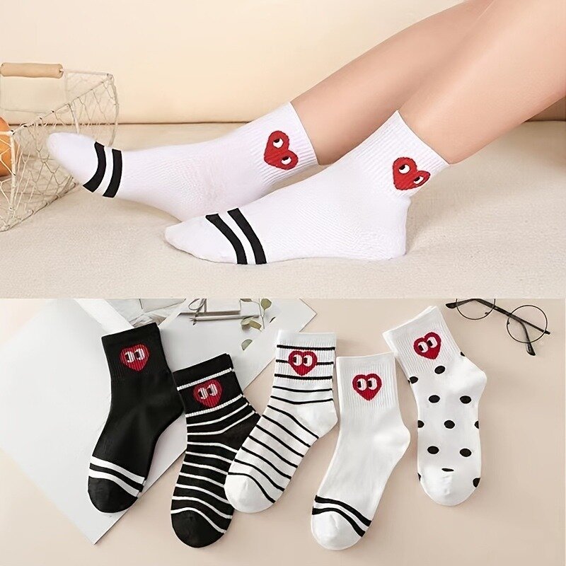 2024 New 5/10 Pairs Heart Pattern Socks Comfy Cute Crew Sports Socks Cute Kawaii Mid Tube Socks Harajuku Japanese Fashion