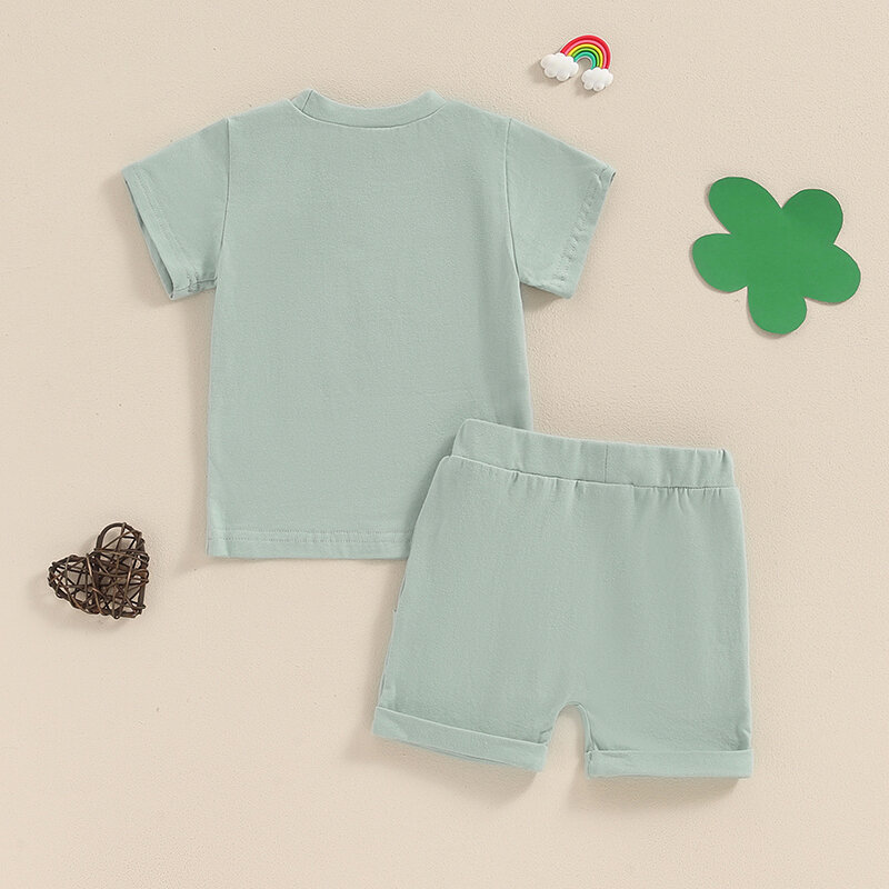 Set pakaian bayi perempuan lengan pendek, set atasan motif huruf kerah kru lengan pendek hijau, set celana pendek tali serut untuk bayi perempuan