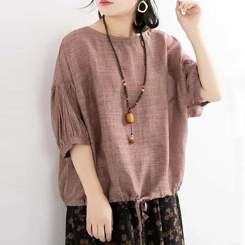 Ethnic Style Vintage Cotton Linen Casual Shirt Summer 2023 Women O-neck Loose Fashion Blouse Tops Female Short Sleeve Blusa