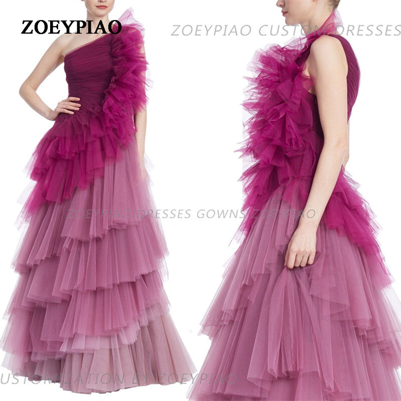 Fuschia Long Ruffled Tulle Sleeveless Robe One Shoulder A-line Tulle Women Evening Dresses Maternity Robe Fashion Prom Gowns