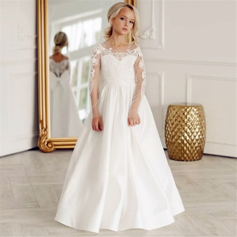 Gaun Komuni Pertama gaun gadis bunga malaikat putih Satin putih pola applique lengan panjang untuk pesta ulang tahun pernikahan