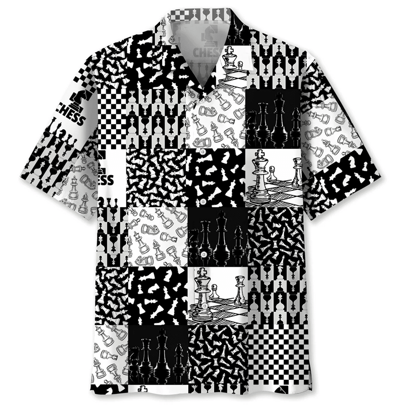 Vintage Schaakpatroon Shirt Voor Mannen 3d Bedrukt Korte Mouw Losse Revers Hawaiian Shirts Vrouwen Y 2K Zomer Street Knoop Blouses