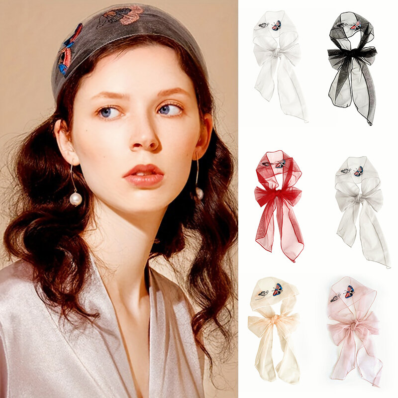 Женский квадратный шарф, узкая лента для головы и шеи, повязка для волос, шейный платок с вышивкой бабочки для женщин, шарфы, шейный платок
