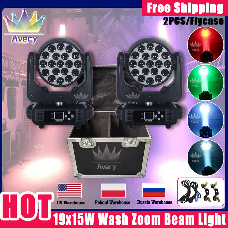 Beam Wash Light com Flight Case, 19x15W, 4in 1, RGBW, Zoom Moving Head Lighting para Disco, KTV Party, frete rápido grátis, 0 Tax, 2PCs
