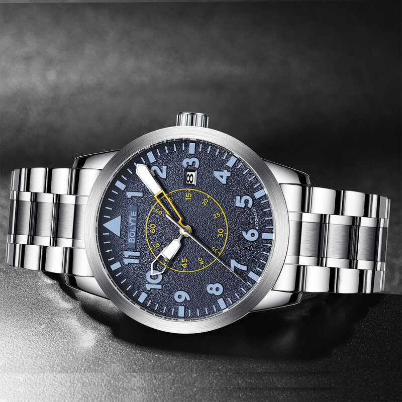 BOLYTE-Relógio de pulso mecânico de luxo masculino, aço inoxidável, relógios automáticos, Top Brand, Data luminosa, Novo