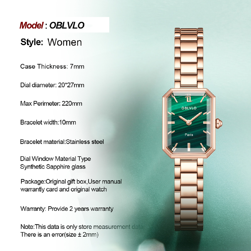OBLVLO Luxo Verde Quartz Relógio para Mulheres Malaquita Aço Inoxidável Strap Sapphire Requintado Retângulo Relógio À Prova D' Água 27mm LW