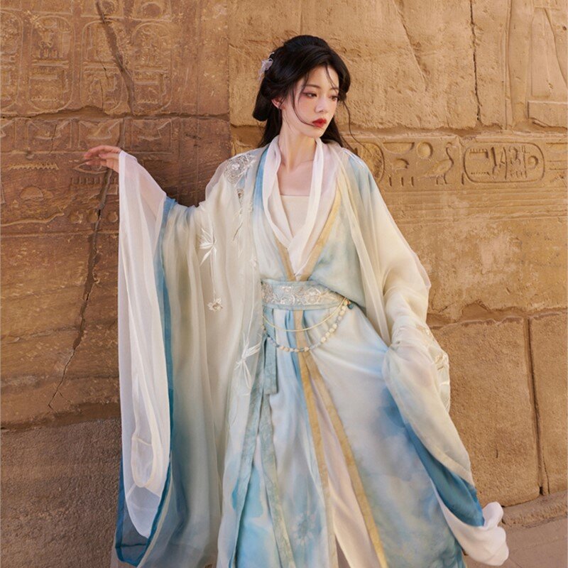 Fresco doppio strato cinese tradizionale Han abbigliamento camicia lunga stampa vestito da donna