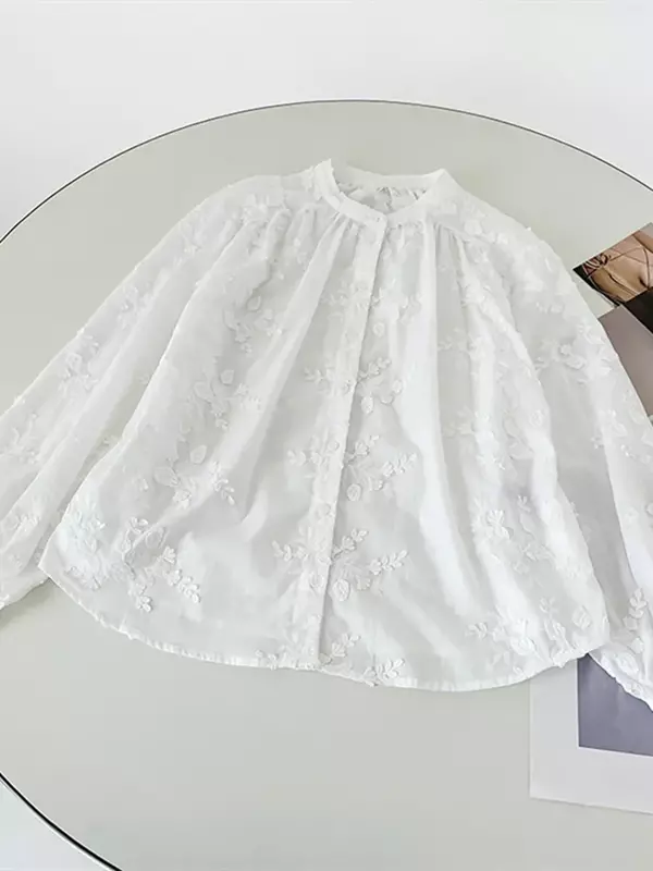Женская рубашка с цветочной вышивкой, трехмерная блузка на пуговицах с воротником-стойкой, 2024