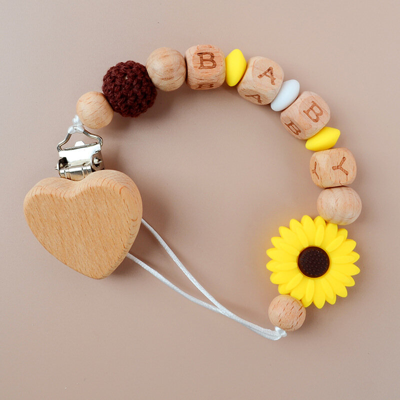 INS Personalized Name Baby Pacifiers Clips Heart Wood Silicone Daisy Flower Dummy Nipples Holder Chain Teething Toys Accessories