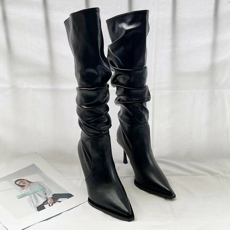 New Pointed Pleated High Barrel Boots For Women in Autumn Trendy Thin Heel Stacked Boots High Heel Below Knee Long Barrel Boots