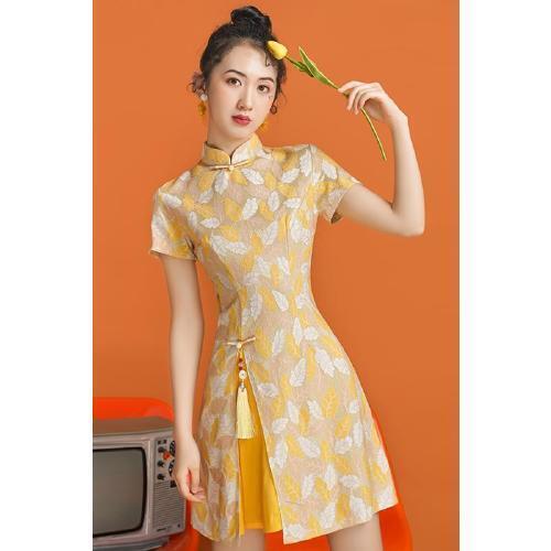 China Short-sleeved Yellow Lace Retro Chinese Collar Dress Cheongsam Girls Daily Improved Qipao Asian Dress Women Graceful Dress