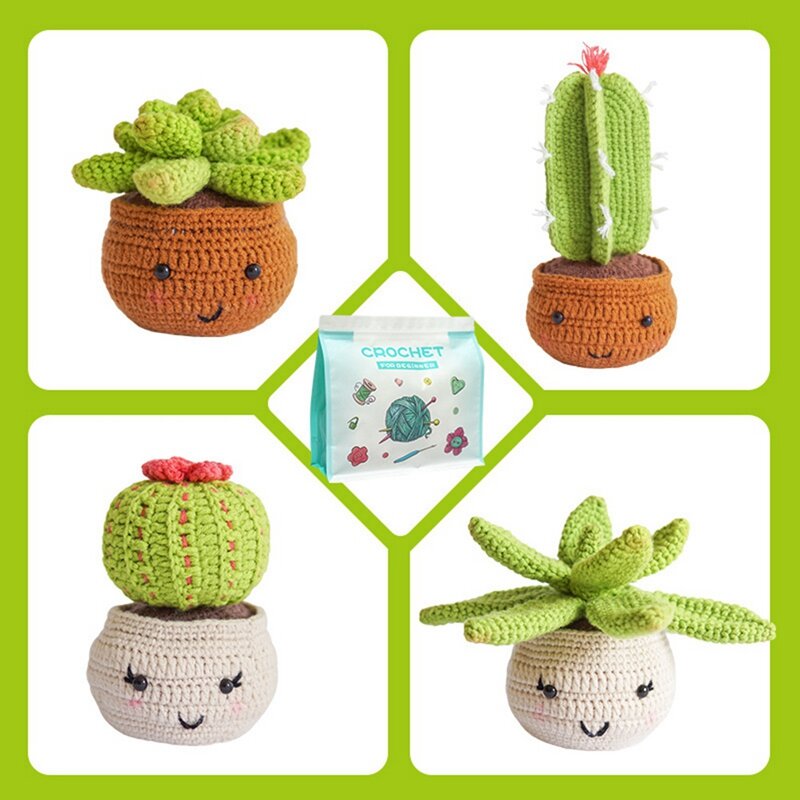 Kit Crochet pemula, belajar Kit Crochet koleksi tanaman 4-Pack akrilik untuk dewasa dan anak-anak