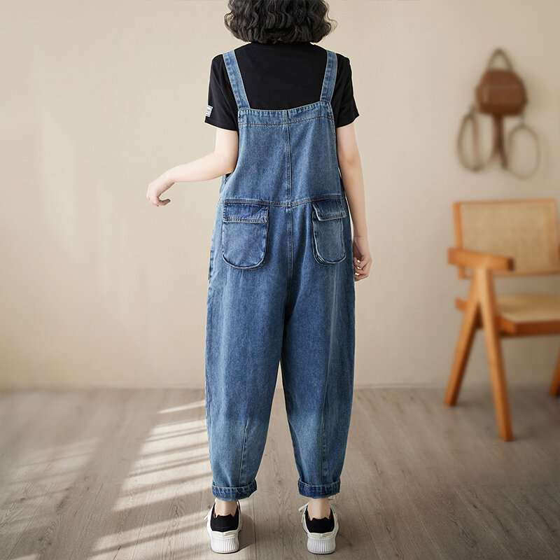 Брюки женские винтажные на подтяжках, модные простые однотонные базовые повседневные свободные уличные комбинезоны в стиле пэчворк, джинсовые брюки, лето