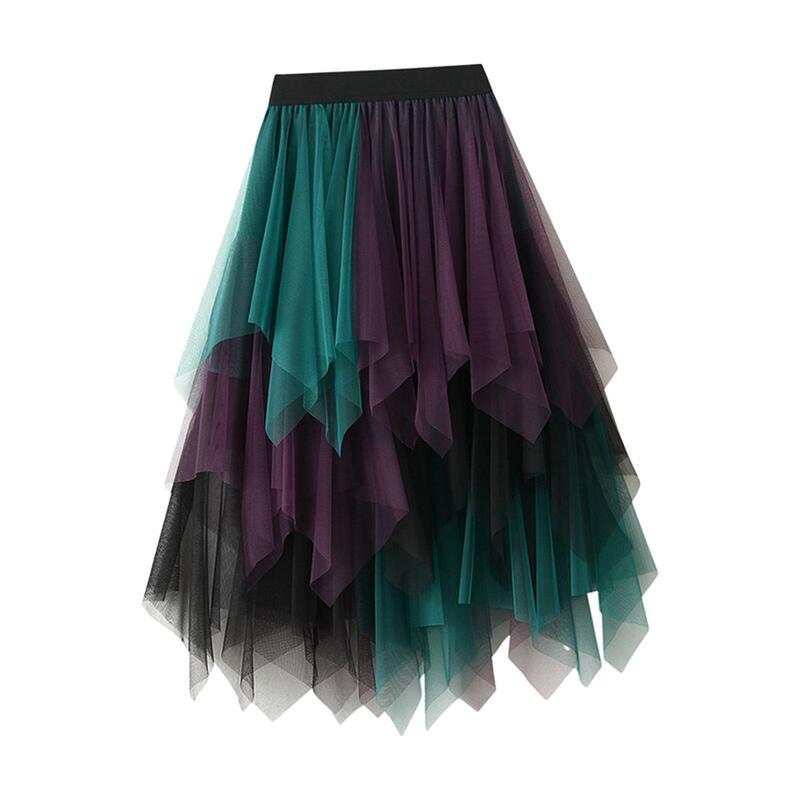 Women's Tulle Skirt Trendy High Low Asymmetrical Fairy Skirt for Stage Performance Evening Party Casual Halloween Photo Prop