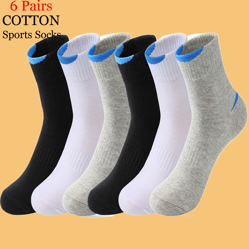 ถุงเท้ากีฬาถุงเท้าผ้าฝ้ายผู้ชายสีดำขาวลำลองระบายอากาศสีทึบ6คู่/ล็อต