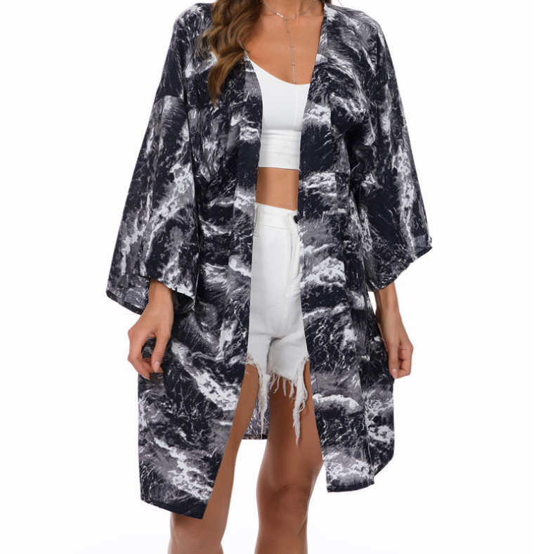 Wzór w cętki spódnica plażowa koszula z filtrem przeciwsłonecznym damska bluzka plażowa z nadrukiem szyfonowy kardigan Lady nadmorskie wakacje moda rozrywka
