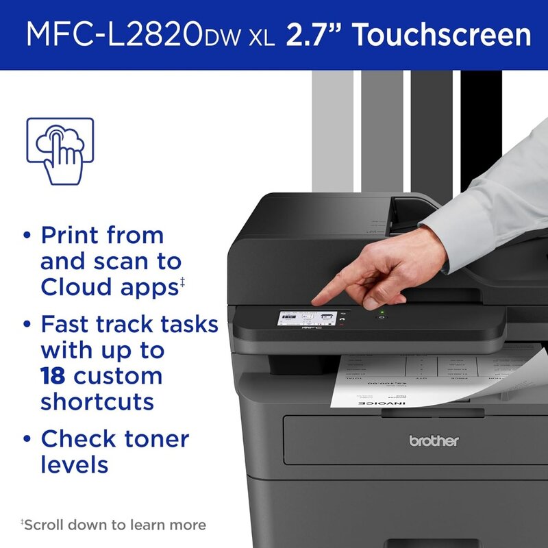 MFC-L2820DW XL Wireless Compact Monochrome All-in-One Laser Printer with Copy, Scan and Fax, Duplex, Black & White