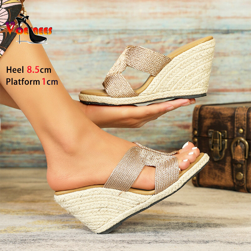 Zapatillas de plataforma tejidas de 8,5 CM para mujer, zapatos de tacón alto ahuecados de diseñador, sandalias de cuña cómodas para verano