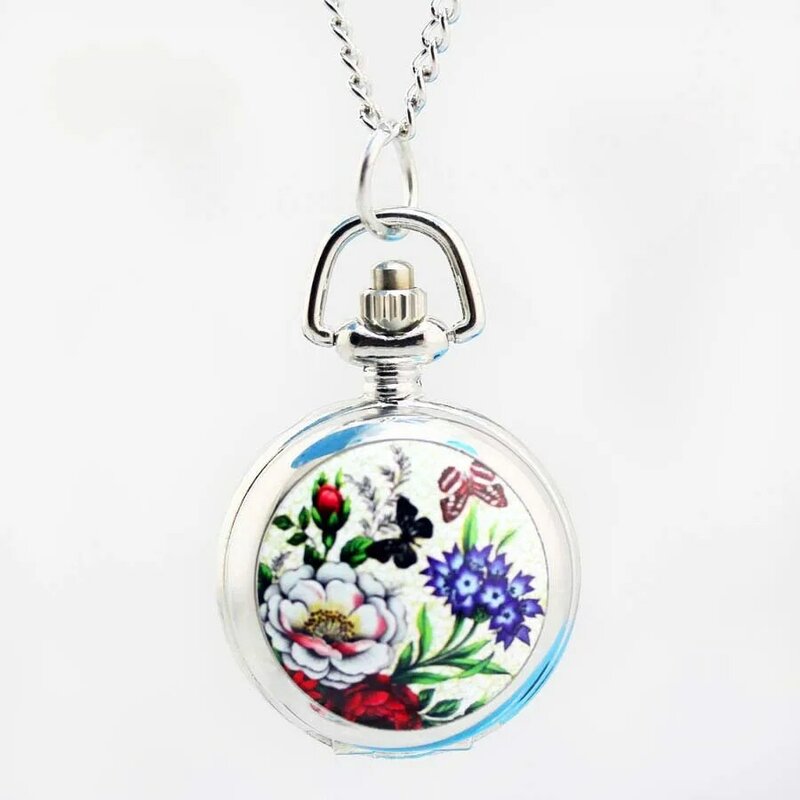 Shsby-relojes de bolsillo con cadena de plata para mujer y niño, pulsera de cuarzo con diseño de flores, a la moda, con dibujos animados