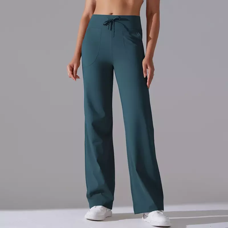 Pantalones deportivos informales de pierna ancha para mujer, pantalones de yoga delgados y caídas, bolsillos de doble cara, cintura con cordón, 22 nuevos