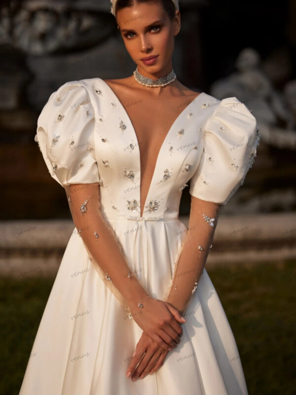 Женское атласное свадебное платье It's yiiya, белое винтажное платье А-силуэта с буффами на рукавах на лето 2019