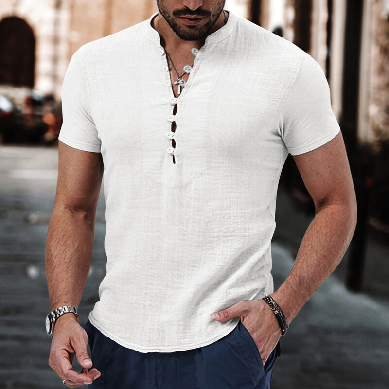 Camisa holgada de algodón y lino para hombre, camisa informal de manga corta con cuello Henry, estilo retro, moda británica