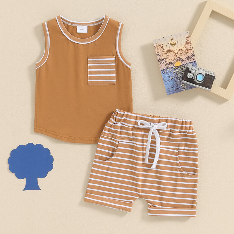 2024-03-04 Lioraitiin Toddler Boys Summer Outfits Pocket Sleeveless Tank Tops and Stripe Elastic Waist Shorts Clothes Set