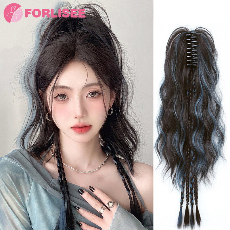 Synthetic Highlighted Blue High Ponytail Boxer Braid Wig Water Rippled Dopamine Half-tied Braid Claw Clip Waterfall Ponytail