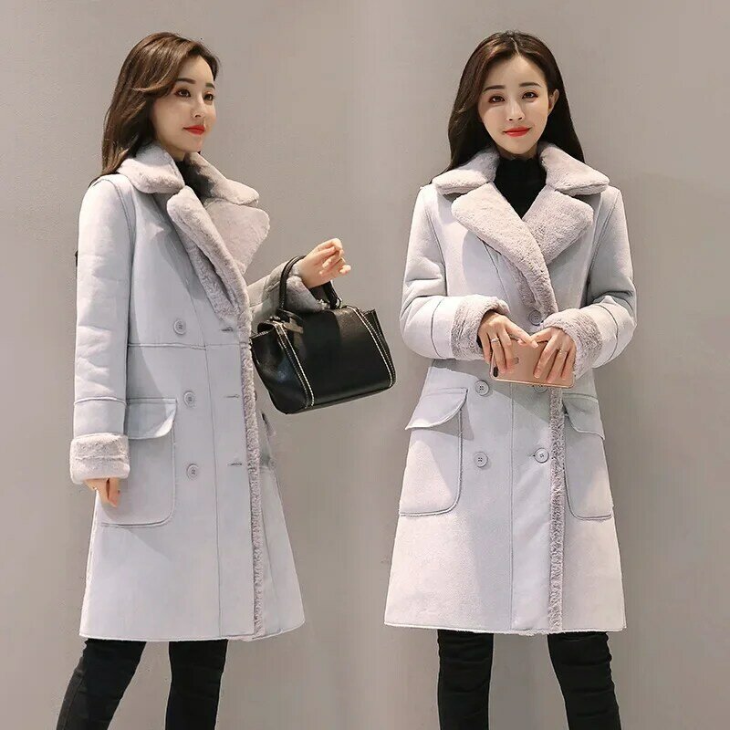 Женское бархатное пальто средней длины, пальто из искусственной овечьей шкуры, новая кашемировая утепленная куртка в южнокорейском стиле для зимы, 2024