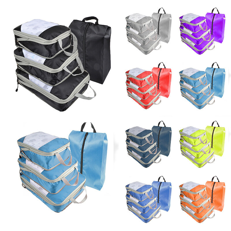 4pcs Compression Travel Bag Set Clothes Storage Thickened Nylon Fold Mesh Bags Luggage Suitcase Organizer Pouch Packing Cube