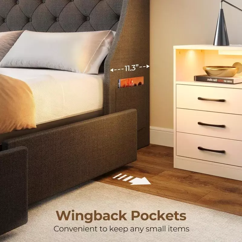 Rolanstar 트윈 침대 프레임, LED 조명 및 충전 스테이션, 서랍이 있는 덮개를 씌운 침대, 나무 칸막이, 무소음, 간편한 조립
