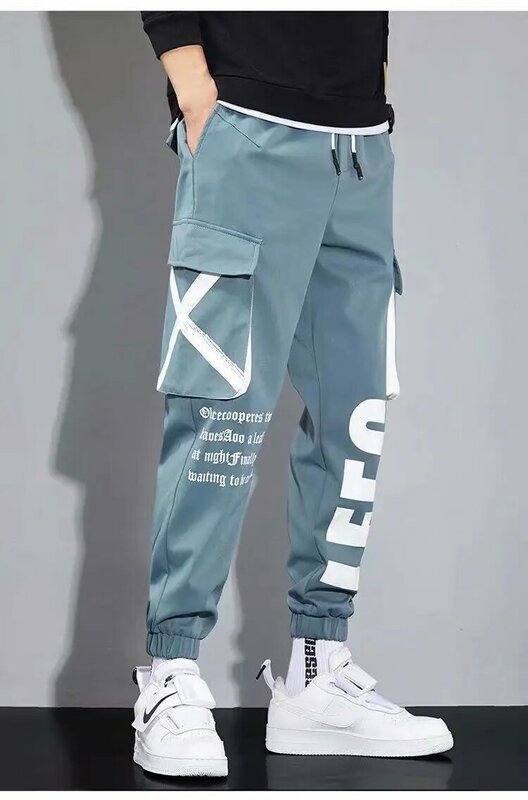 Klasyczne Streetwear dorywczo spodnie męskie wstążki Harem spodnie do joggingu męskie spodnie Slim Fit wiosna Cargo multi-kieszenie damskie spodnie J7
